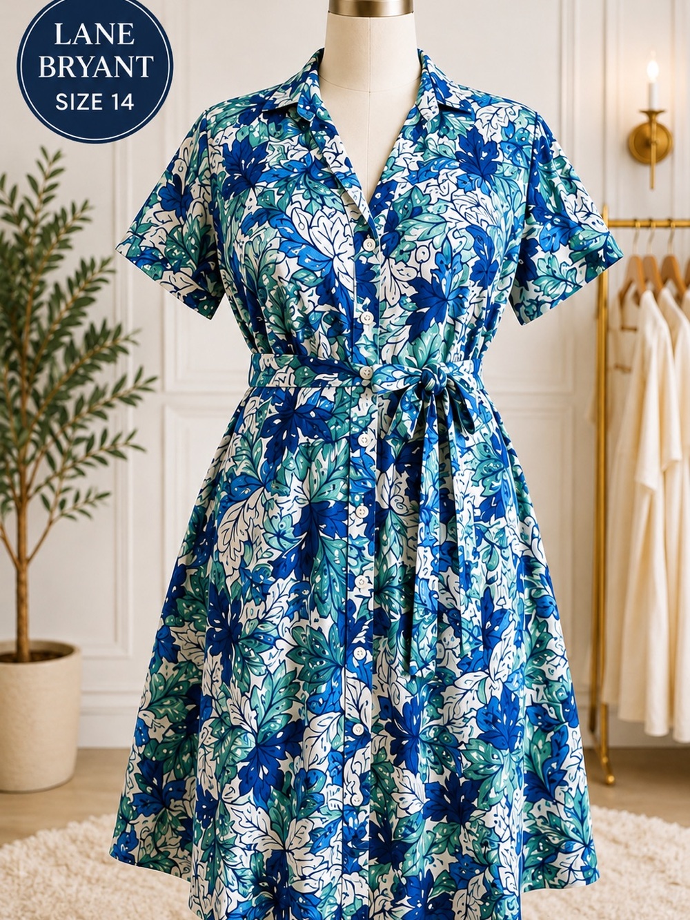 Lane Bryant Size 14 Blue Floral Button Front Tie Waist Midi Dress Pockets
